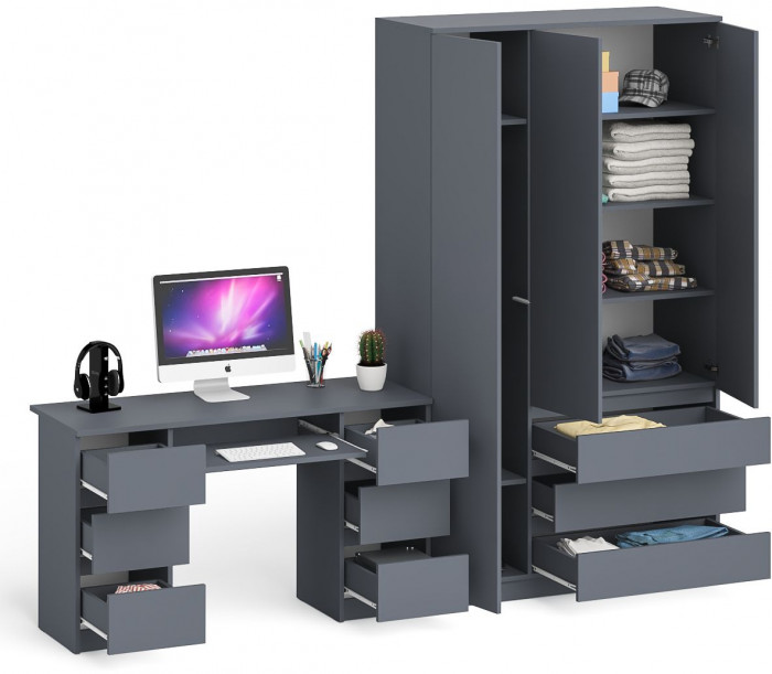 Мори Стол компьютерный МС-2 + Шкаф МШ1200.1, цвет графит, ШхГхВ 255,8х50,4х209,6 см., универсальная сборка