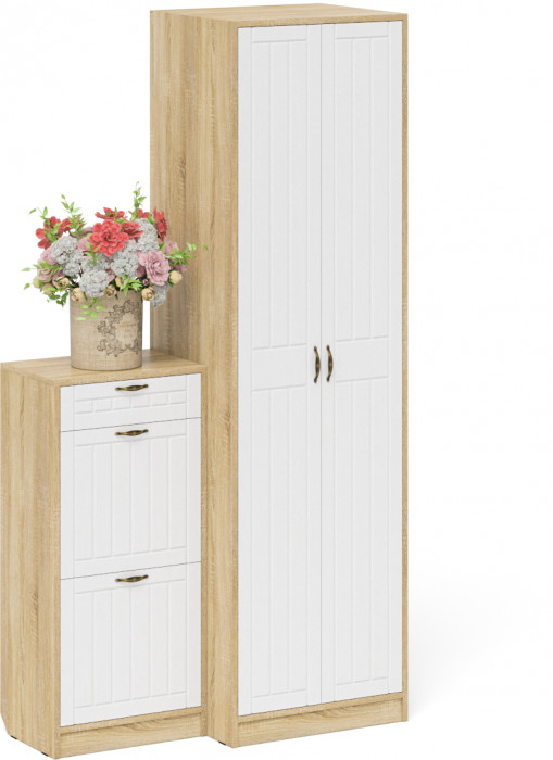 Прихожая П-6 Компоновка № 16, дуб сонома/фасады МДФ белое дерево фрезеровка прованс