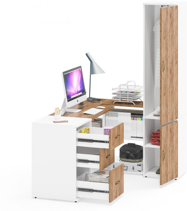 Лидер-8 Стол + Тумба МД 3.16 + Пенал МД 21Б, белый шагрень/крафт золото