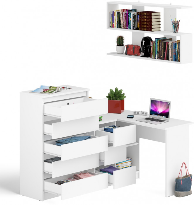 Мори компьютерный стол МС-16 левый + Комод МК700.5 + Полка 1200, белый