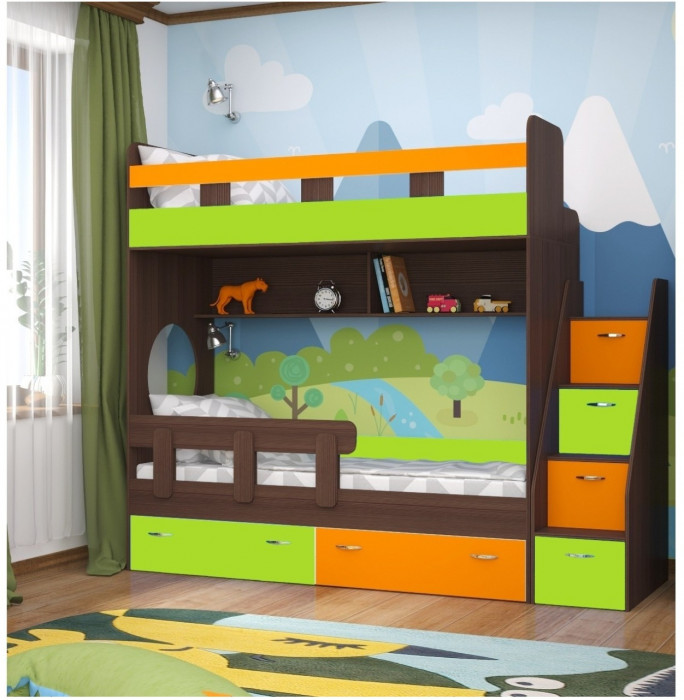 Двухъярусная кровать Юниор 1 + бортик Юниор (Ясень Анкор Темный/Лайм / Оранжевый)
