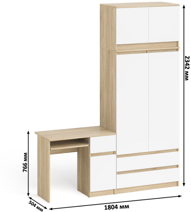 Мори Стол компьютерный МС-1 правый + Шкаф МШ900.1 + Антресоль МА900.1, цвет дуб сонома/белый, ШхГхВ 180,4х50,4х234,2 см., выдв. ящ. справа, НЕ ун. сб.
