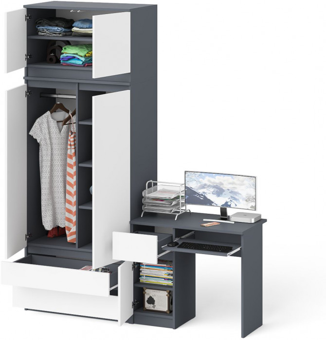 Мори компьютерный стол МС-1 левый + Шкаф МШ900.1 + Антресоль МА900.1, графит/белый