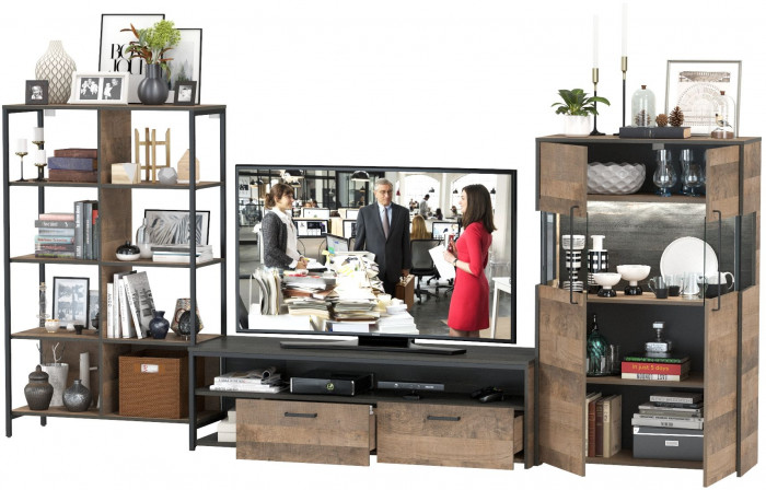 Трувор Гостиная 058, цвет дуб гранж песочный/интра, ШхГхВ 325,6х45,4х146 см., универсальная сборка