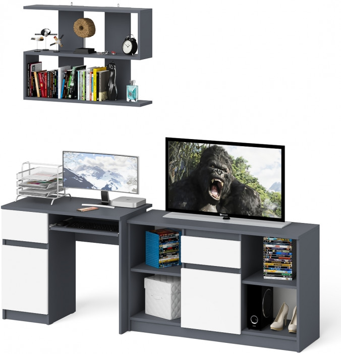 Мори Стол компьютерный МС-1 левый + Тумба МТВ1204.1 + Полка 900, цвет графит/белый, ШхГхВ 210,4х50х209,6 см., НЕ универсальная сборка