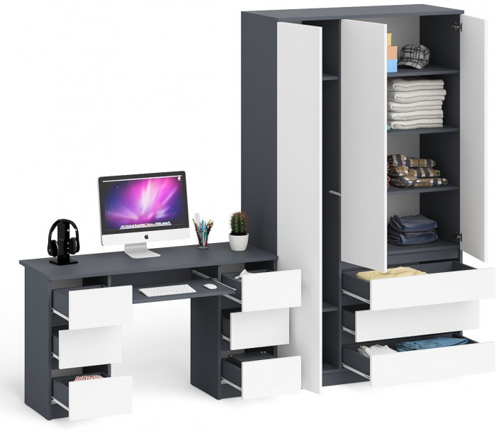 Мори Стол компьютерный МС-2 + Шкаф МШ1200.1, цвет графит/белый, ШхГхВ 255,8х50,4х209,6 см., универсальная сборка