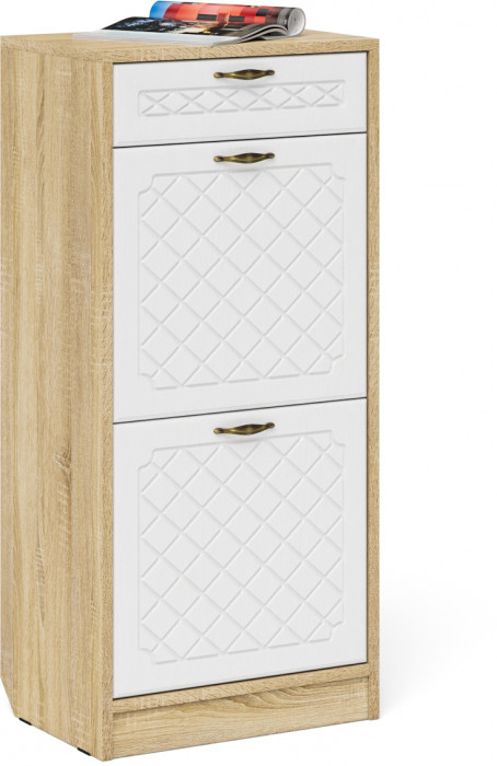 Прихожая П-6 Компоновка № 18, цвет дуб сонома/фасады МДФ белое дерево фрезеровка ромб, ШхГхВ 120х50х210 см., универсальная сборка