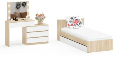 Ксения Кровать с ящиками 0900 + Стол косметический с подсветкой 110, дуб сонома/белый
