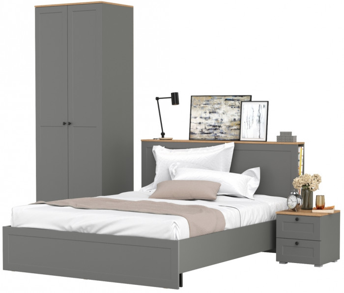 Остин 11.53 Кровать + ортопед + 13.336.02 Шкаф для одежды + 16.152 Тумба прикроватная, серый графит/дуб крафт золотой