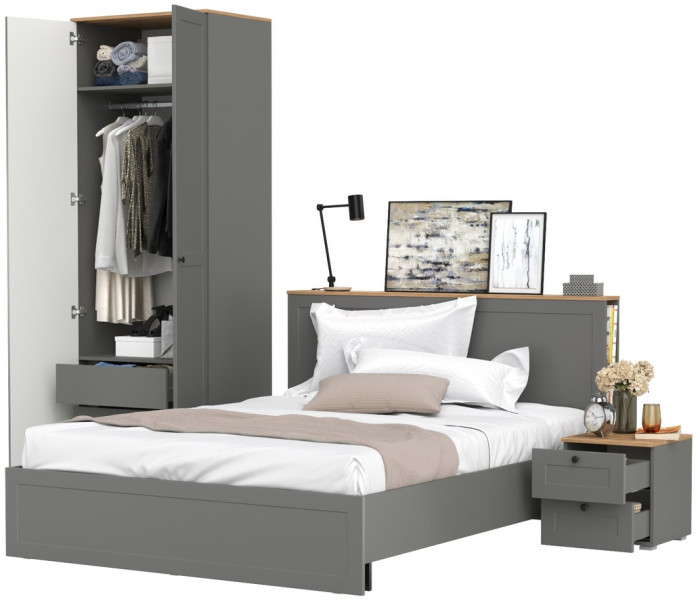 Остин 11.53 Кровать + ортопед + 13.336.02 Шкаф для одежды + 16.152 Тумба прикроватная, серый графит/дуб крафт золотой