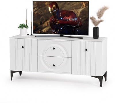 Валенсия Гостиная 16.45 Тумба под ТВ, цвет ЛДСП белый шагрень/МДФ белый шагрень, ШхГхВ 133,1х38,3х63,7 см.