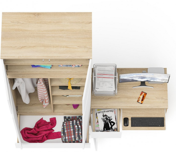 Мори компьютерный стол МС-1 левый + Шкаф МШ900.1 + Антресоль МА900.1, дуб сонома/белый