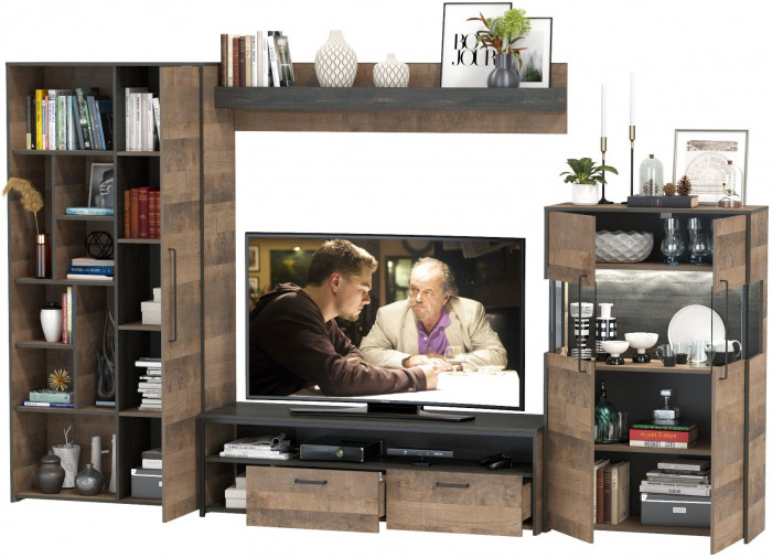 Трувор Гостиная 061, цвет дуб гранж песочный/интра, ШхГхВ 328,6х45,4х194,2 см., универсальная сборка