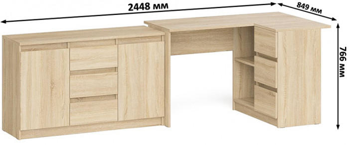 Мори Стол компьютерный МС-16 правый + Комод МК1200.3, цвет дуб сонома, ШхГхВ 244,8х84,9х76,6 см., выдвижные ящики справа, НЕ универсальная сборка