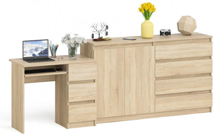 Мори Стол компьютерный МС-6 правый + Комод МК1600.1, цвет дуб сонома, ШхГхВ 250,4х50х94 см., выдвижные ящики справа, НЕ универсальная сборка