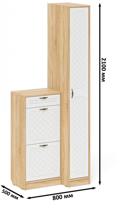 Прихожая П-6 Компоновка № 42, дуб сонома/фасады МДФ белое дерево фрезеровка ромб