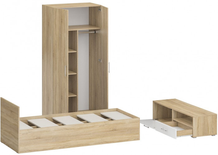 Спальня Стандарт 3-0800, дуб сонома/фасады ТВ тумбы МДФ белый глянец