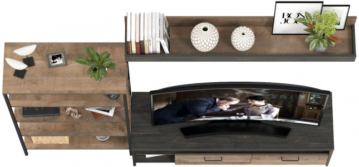 Трувор 13.70 Тумба под ТВ + 13.151.01 Стеллаж + 15.60 Полка, дуб гранж песочный/интра