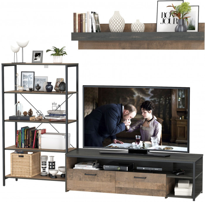 Трувор 13.70 Тумба под ТВ + 13.151.01 Стеллаж + 15.60 Полка, дуб гранж песочный/интра