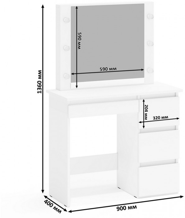 Ксения Кровать с ящиками 0900 + Стол косметический с подсветкой Сура, белый