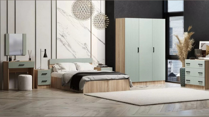 Модульная спальня Карина-6 МДФ, композиция 2 (Фисташка, Дуб Сонома)