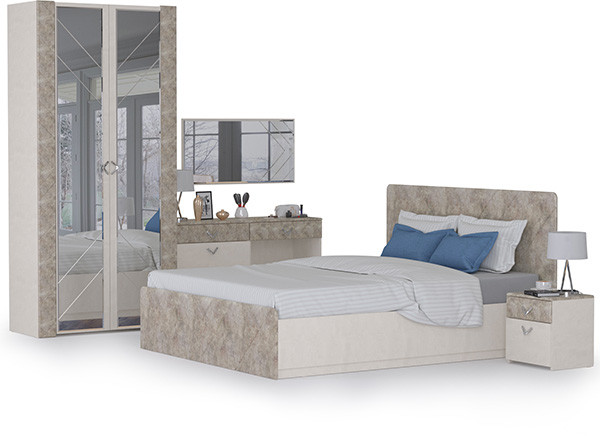 Амели Спальня № 8 Комод 13.106 + Стол туалетный + Зеркало + Шкаф 13.133 + Кровать 11.31 + под. ортопед + Тумбочка, 1600х2000 мм, б/м