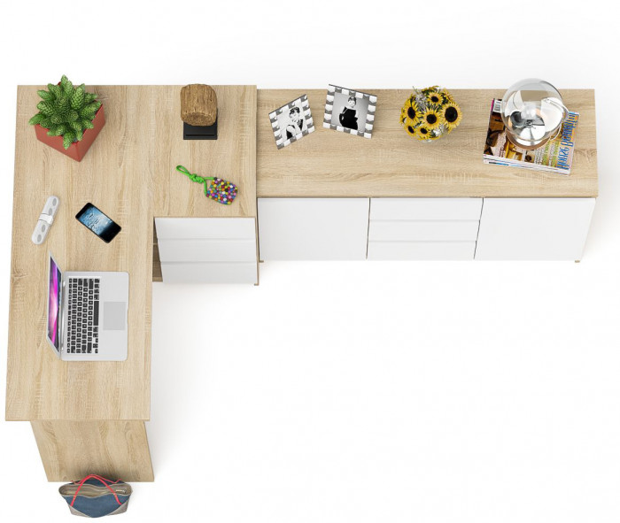 Мори Стол компьютерный МС-16 правый + Комод МК1200.3, цвет дуб сонома/белый, ШхГхВ 244,8х84,9х76,6 см., выдвижные ящики справа, НЕ универс. сборка