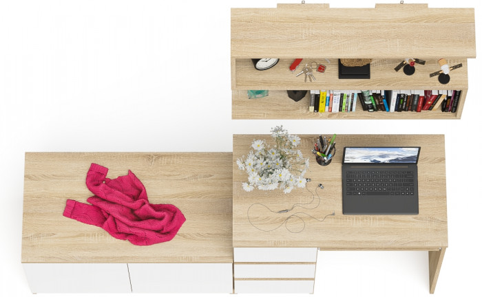 Мори Стол компьютерный МС-6 левый + Тумба МА900.1 + Полка 900, цвет дуб сонома/белый, ШхГхВ 180,4х50,4х209,6 см., НЕ универсальная сборка