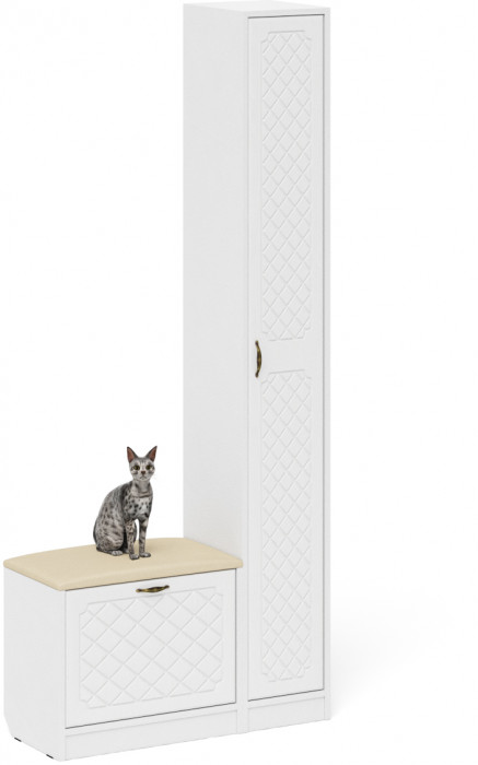 Прихожая П-6 Компоновка № 19, цвет белая шагрень/фасады МДФ белое дерево фрезеровка ромб, ШхГхВ 90х35х210 см., универсальная сборка