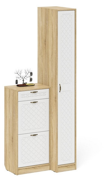 Прихожая П-6 Компоновка № 42, цвет дуб сонома/фасады МДФ белое дерево фрезеровка ромб, ШхГхВ 80х50х210 см., универсальная сборка