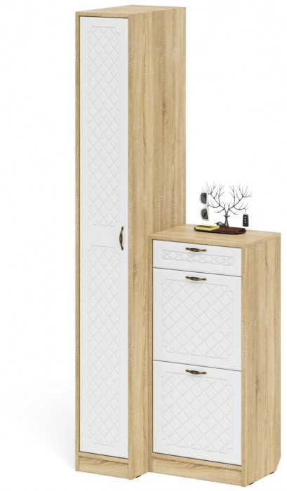Прихожая П-6 Компоновка № 42, цвет дуб сонома/фасады МДФ белое дерево фрезеровка ромб, ШхГхВ 80х50х210 см., универсальная сборка