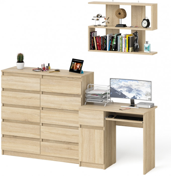 Мори компьютерный стол МС-1 левый + Комод МК1200.10 + Полка 900, дуб сонома