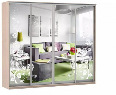 Шкаф купе Модерн 2362х450 4-х дверный 3-х секционный зеркальный с пескоструем №3 ясень
