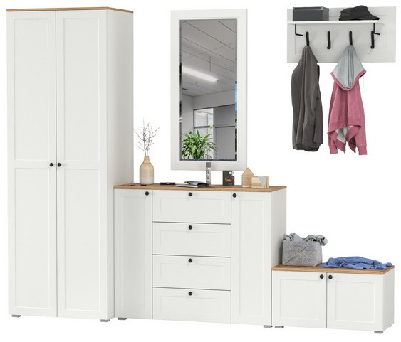 Остин Прихожая 53, цвет белый шагрень/дуб крафт золотой, ШхГхВ 280х54,3х229,6 см., универсальная сборка