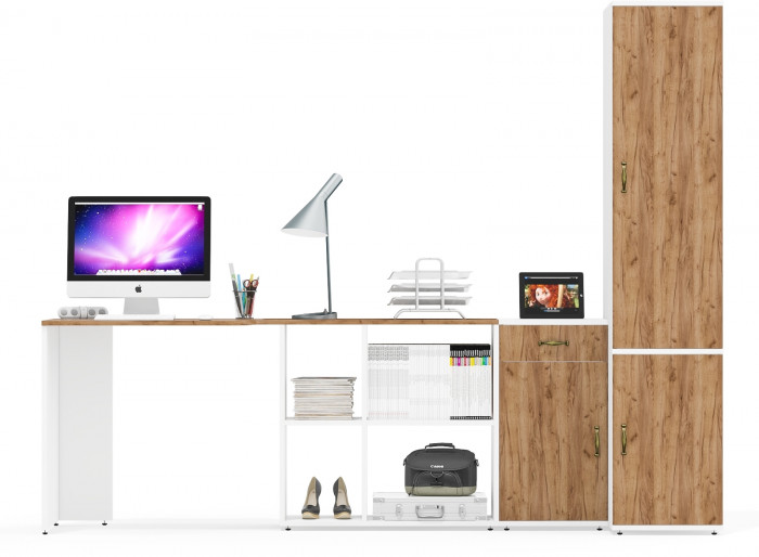 Лидер-8 Стол + Тумба МД 3.15 + Пенал МД 23Б, белый шагрень/крафт золото