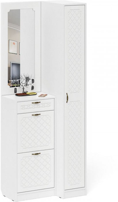 Прихожая П-6 Компоновка № 43, белая шагрень/фасады МДФ белое дерево фрезеровка ромб