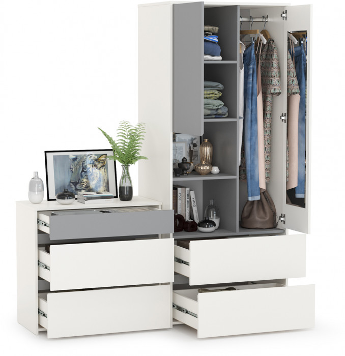 Торонто 13.333 Шкаф для одежды + 13.321 Комод, белый шагрень/стальной серый