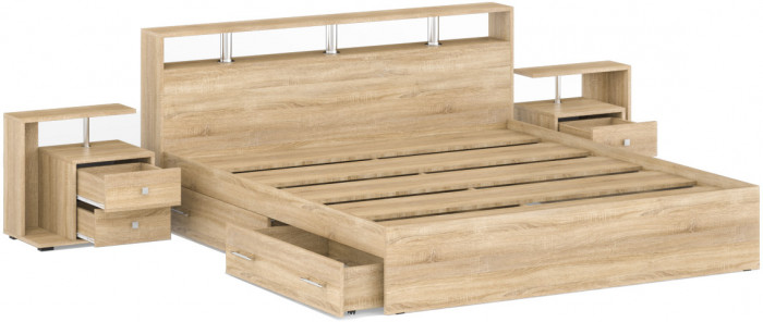 Камелия Кровать с ящиками 1800 + две тумбы, дуб сонома