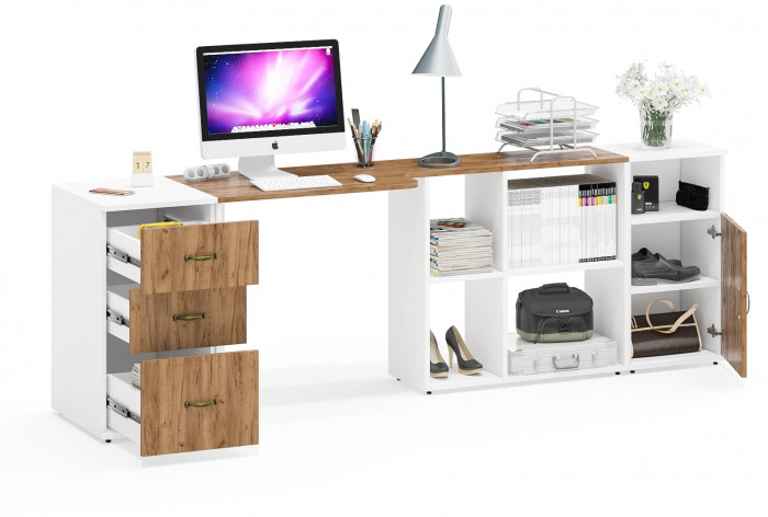 Лидер-8 Стол + Тумба МД 3.16 + Тумба МД 3.19, белый шагрень/крафт золото