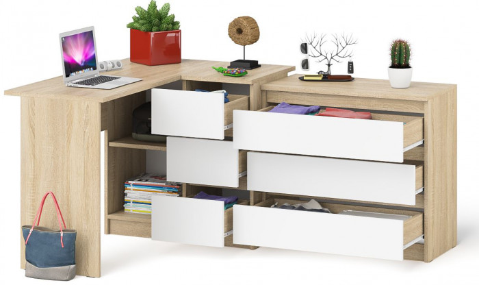 Мори компьютерный стол МС-16 правый + Комод МК800.1, дуб сонома/белый