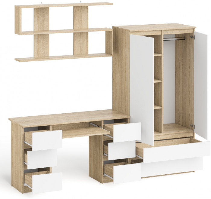 Мори компьютерный стол МС-2 + Шкаф МШ900.1 + Полка 1200, дуб сонома/белый