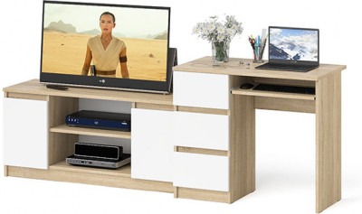 Мори компьютерный стол МС-6 левый + Тумба МТВ1200.1, дуб сонома/белый