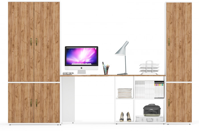 Лидер-8 Шкаф МД 19Б + Стол + Пенал 22Б, цвет белый шагрень/крафт золото, ШхГхВ 285х50/37,5х75/190 или 195х120х75/190 см., НЕ ун.сб.