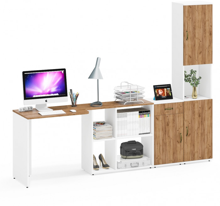 Лидер-8 Стол + Тумба МД 3.15 + Пенал, белый шагрень/крафт золото