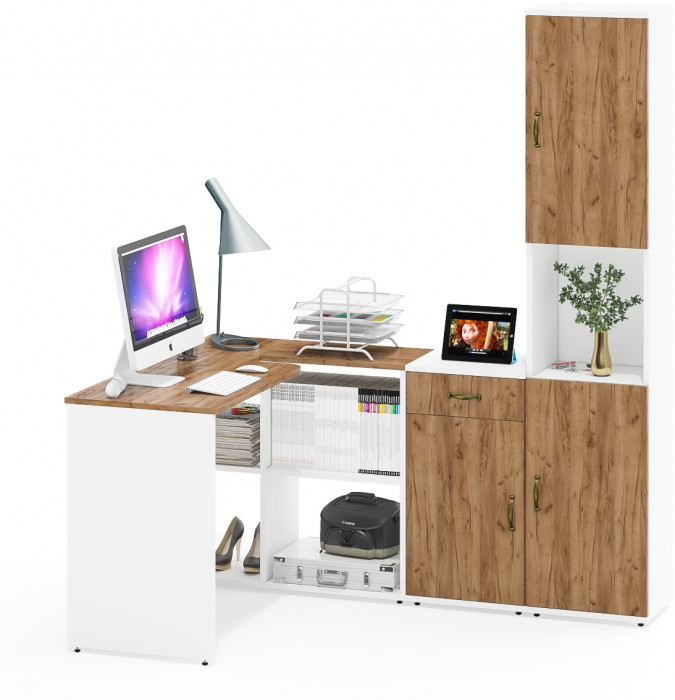 Лидер-8 Стол + Тумба МД 3.15 + Пенал, белый шагрень/крафт золото