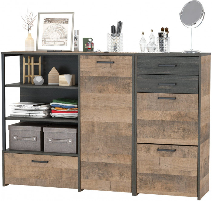 Трувор 13.241.06 Тумба для обуви + 13.307.01 Комод, цвет дуб гранж песочный/интра, ШхГхВ 159х37х106,9 см., универсальная сборка