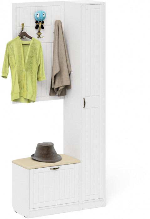 Прихожая П-6 Компоновка № 21, цвет белая шагрень/фасады МДФ белое дерево фрезеровка прованс, ШхГхВ 90х35х210 см., универсальная сборка