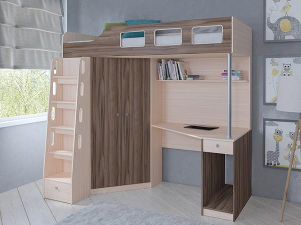 Кровать чердак Астра 7 Дуб молочный/Орех