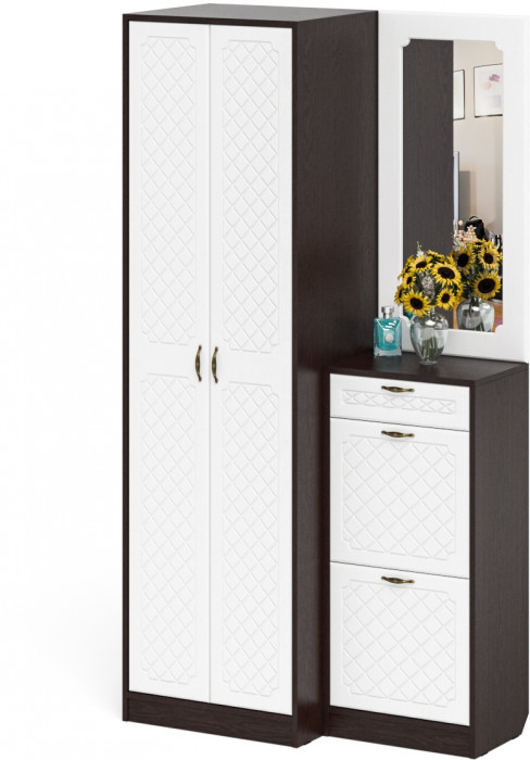 Прихожая П-6 Компоновка № 17, венге/фасады МДФ белое дерево фрезеровка ромб