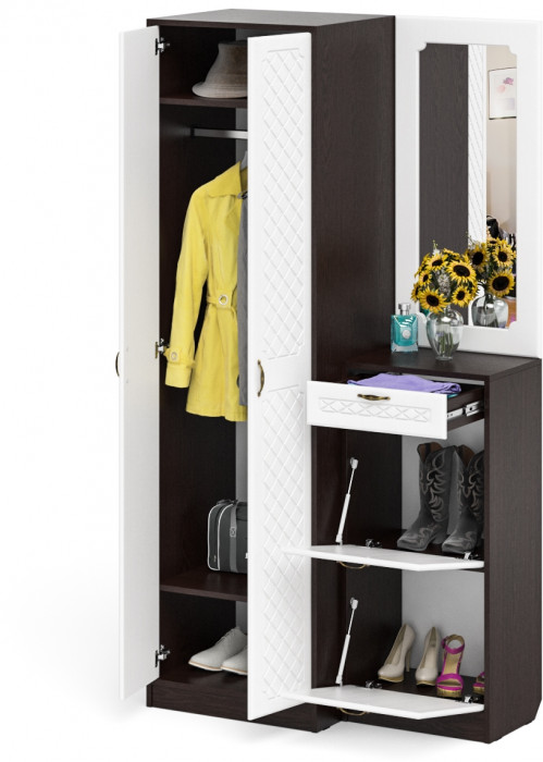 Прихожая П-6 Компоновка № 17, венге/фасады МДФ белое дерево фрезеровка ромб